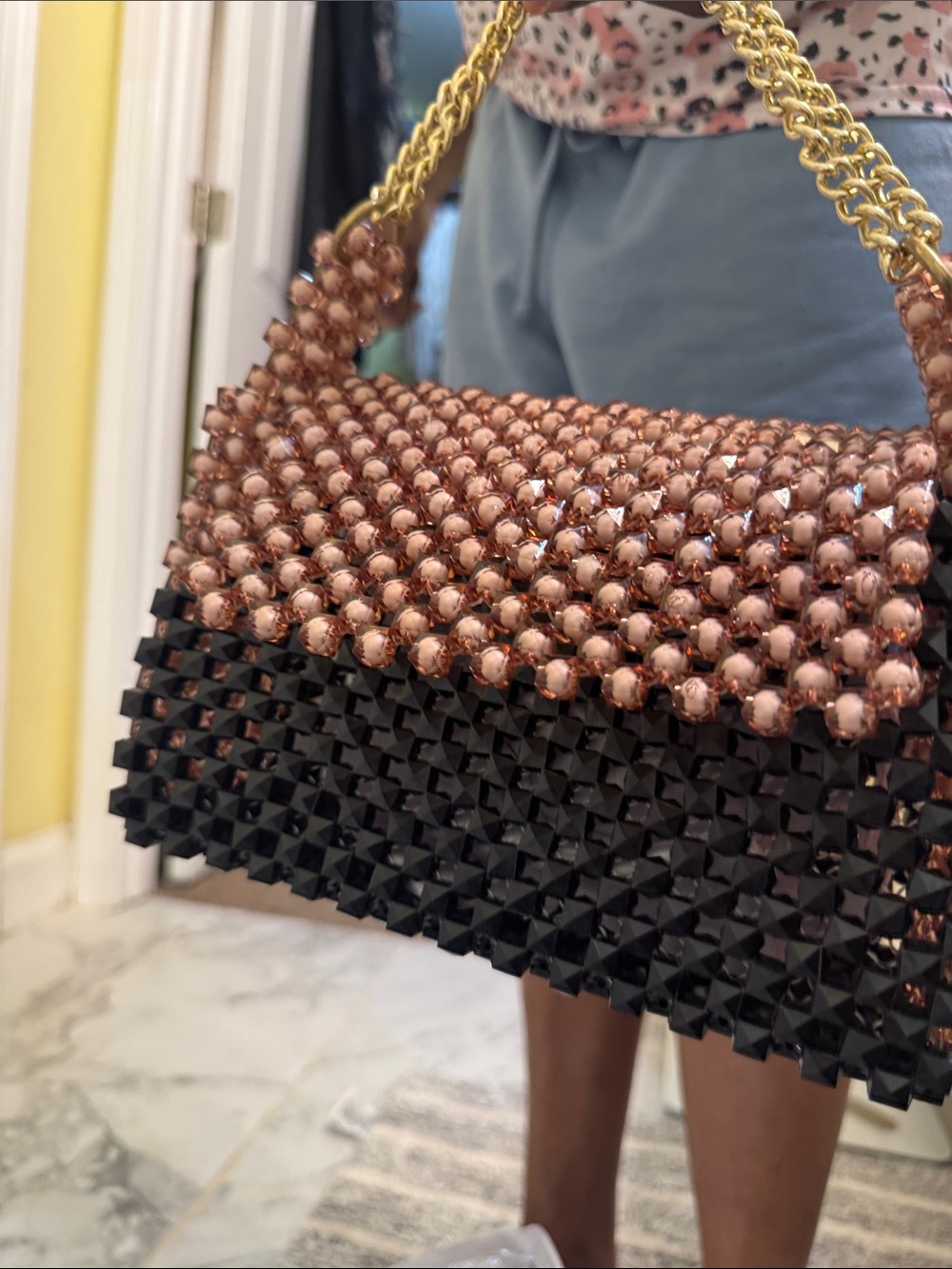 Studded Two-Tone Beaded Shoulder Bag - Rose Gold & Black